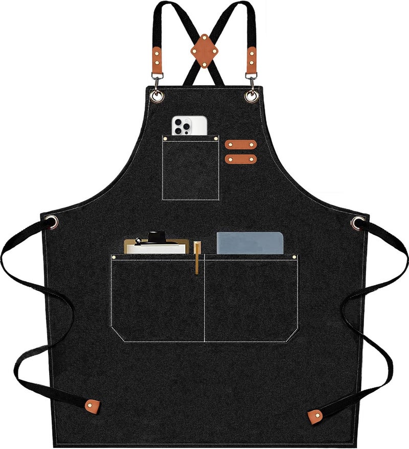 AFUN Chef Aprons for Men Women with Large Pockets Cotton Canvas Cross Back Heavy Duty Adjustable Work Apron Size M to XXL Black