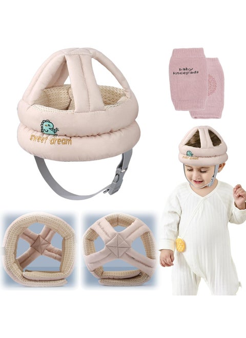 [1+1] Baby Safety Helmet, with 1 Pair Knee Pads, Head Protection Toddler Kids Adjustable Soft Headguard for Running Walking Crawling