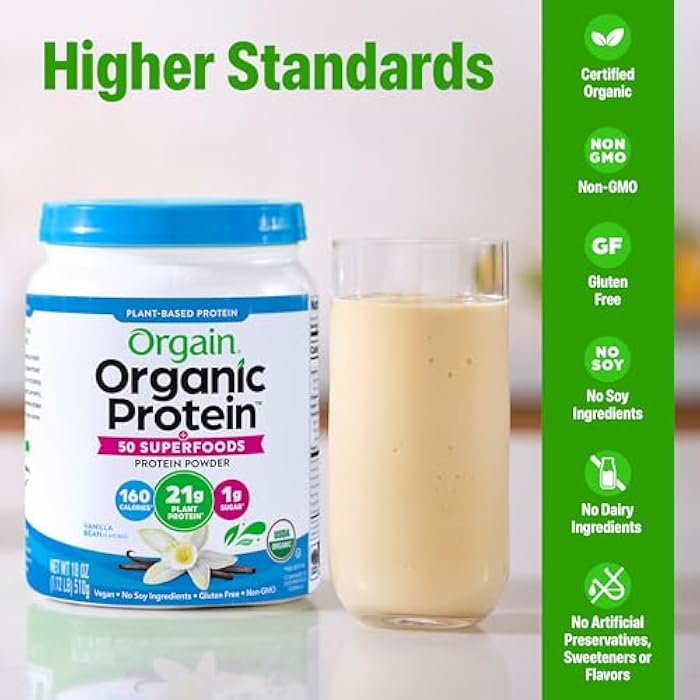 Orgain Organic Vegan Protein + 50 Superfoods Powder, Vanilla Bean - 21g Plant Based Protein, 8g Prebiotic Fiber, No Lactose Ingredients, Gluten Free, No Added Sugar, 1.12 lb (Packaging May Vary) - Image 3