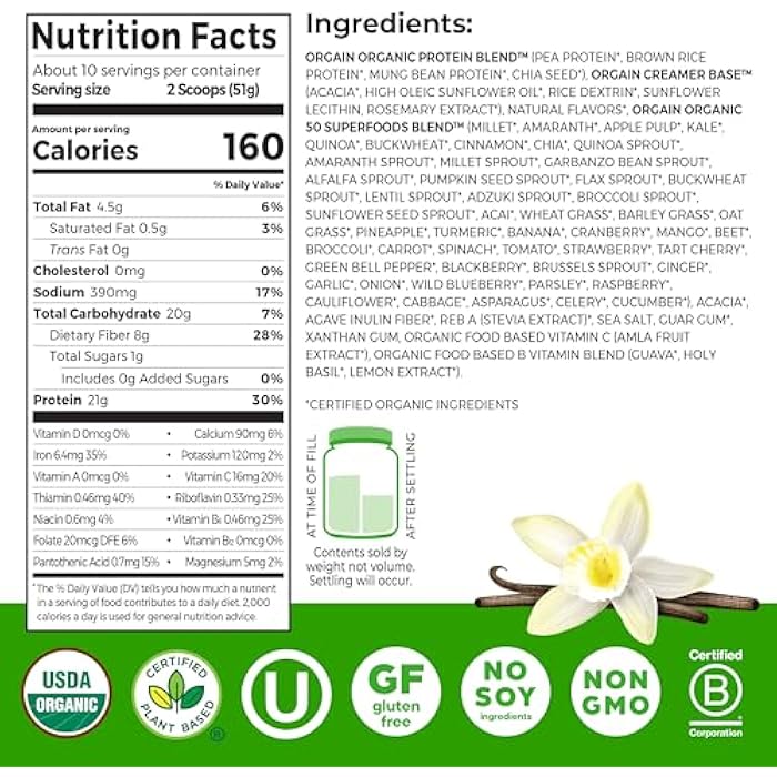 Orgain Organic Vegan Protein + 50 Superfoods Powder, Vanilla Bean - 21g Plant Based Protein, 8g Prebiotic Fiber, No Lactose Ingredients, Gluten Free, No Added Sugar, 1.12 lb (Packaging May Vary) - Image 2