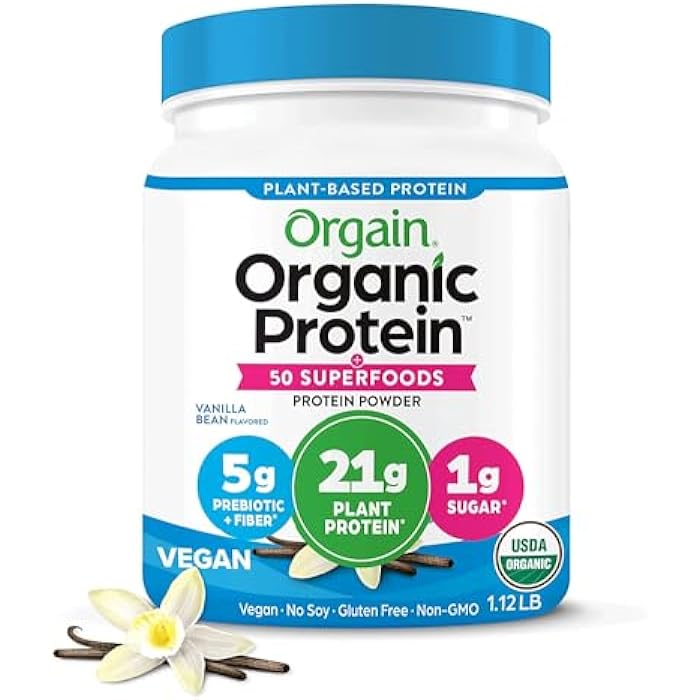 Orgain Organic Vegan Protein + 50 Superfoods Powder, Vanilla Bean - 21g Plant Based Protein, 8g Prebiotic Fiber, No Lactose Ingredients, Gluten Free, No Added Sugar, 1.12 lb (Packaging May Vary) - Image 1
