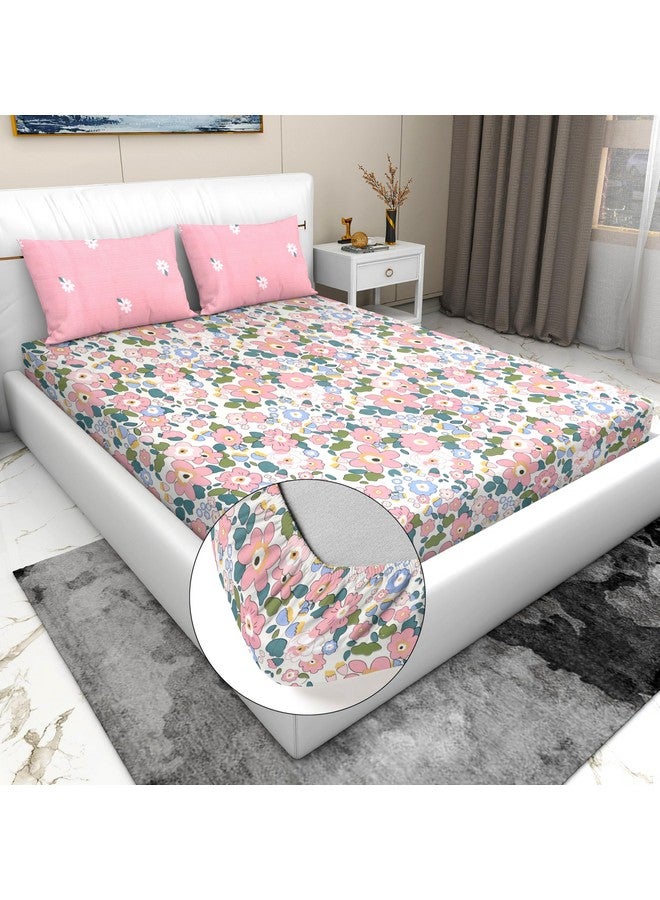 RD TREND® Presents Luxurious Glace Cotton Super Soft 210 TC 360° Elastic Fitted Bedsheet King Size (78X72X8 Inch) with 2 Pillow Covers, Color- Cream Pink Pattern-Floral - Image 1