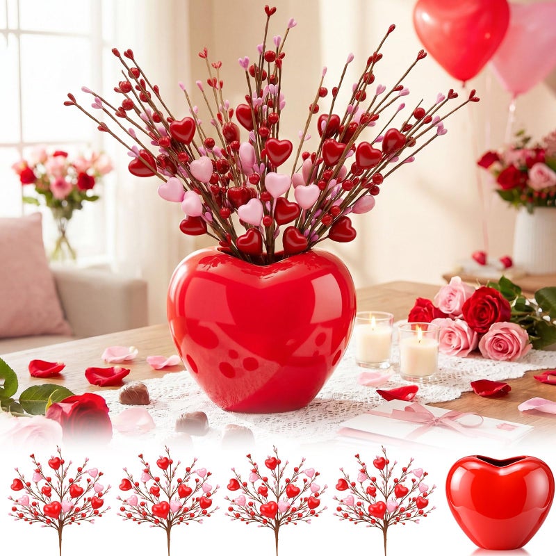 يويول طقم مزهرية على شكل قلب من Youyole لعيد الحب مع 4 أغصان توت أحمر، مزهرية سيراميك على شكل قلب مقاس 6.5 بوصة مع أغصان توت صناعية، قطعة ديكور رومانسية للطاولة للأزواج، للمنزل والمكتب وكهدية (أحمر) - Image 1