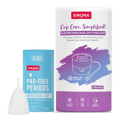 Sirona Reusable Menstrual Cup for Women (Small) with Electric Steam Sterilizer - Pack of 2 | 100% Medical-Grade Silicone | Kills 99% Germs | Rash, Odour & Itch-Free Period Care with Quick Cleaning - Image 1