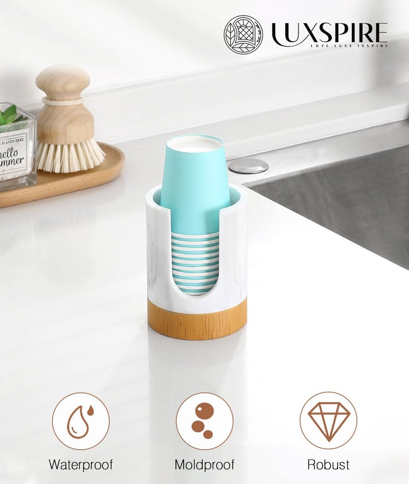Luxspire Bathroom Cup Dispenser, 3oz Dixie Cup Dispenser, Marble Resin Dixie Cup Holder, Disposable Paper Cup Holder for Bathroom, Cotton Pad Holder, Guest Bathroom Essentials, Marble White - Image 2