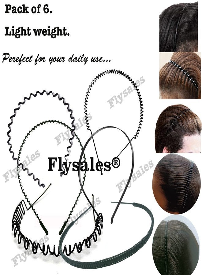 Flysales® 6 قطع من ربطات الشعر المعدنية السوداء المرنة المموجة والمتعرجة والسلسلة والبسيطة للاستخدام اليومي للجنسين (التصميم 1 (عبوة من 6 قطع)) - Image 2