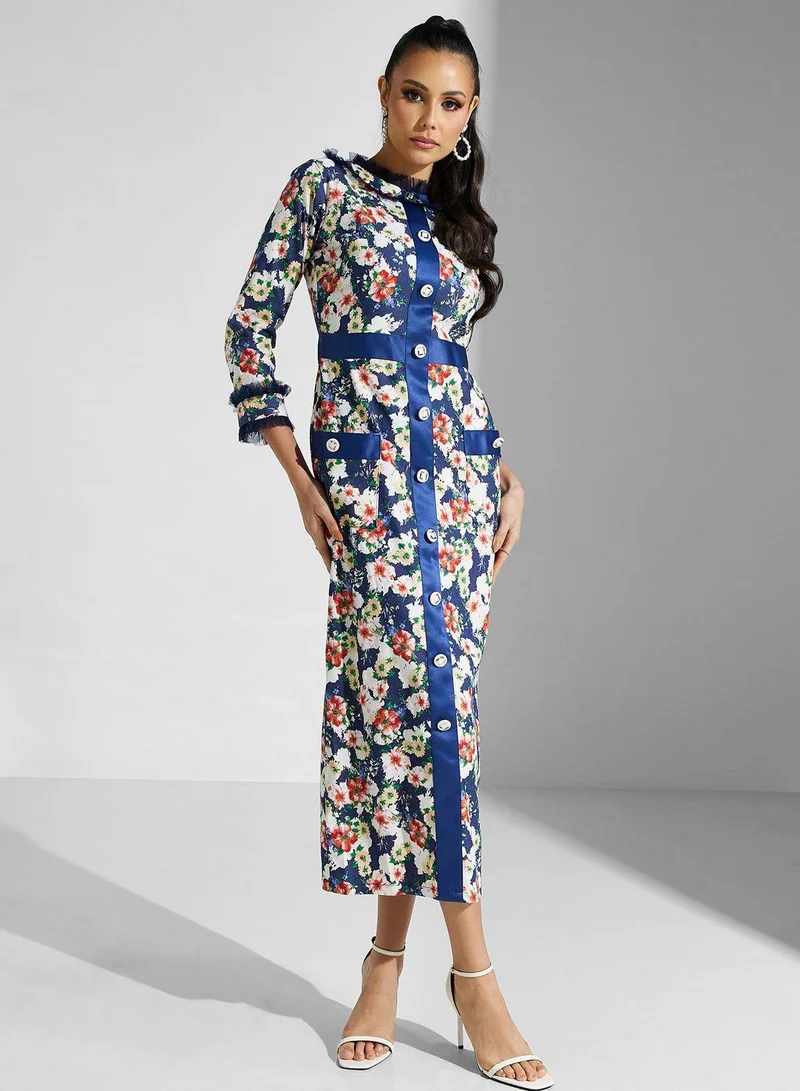 Golden Apple Floral Print Midi Dress