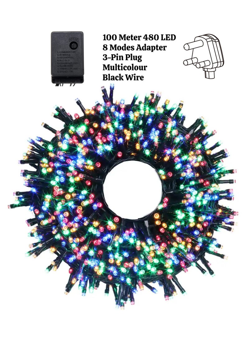 Yuwell 100 Meter 480 LED String Lights Decoration Lights RGB Light 8 Modes Led Light Black Wire For Home Decorations Ramadan Lights Indoor & Outdoor Decoration Ramadan Decoration Light Diwali Lights Curtain Lights With 3-Pin UK Plug - Image 1