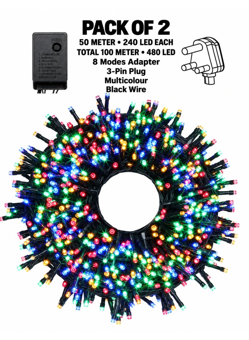 Yuwell Pack Of 2 50 Meter 240 LED Total 480 LED String Lights Decoration Lights RGB Light 8 Modes Led Light Black Wire For Home Decorations Ramadan Lights Indoor & Outdoor Decoration Ramadan Decoration Light Diwali Lights Curtain Lights With 3-Pin UK Plug - Image 1