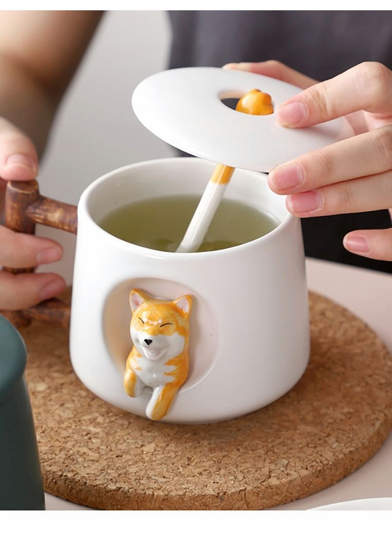 SYOSI Ceramic Cute Dog Coffee Mugs, Shiba Inu Tea Mug Office Cup Cute 3D Dogs Design Milk Cup with Lid Spoon, Cute Cups Novelty Coffee Tea Milk Mug  - Image 3