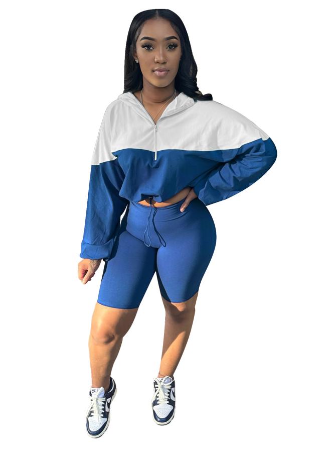 Hr24039 European And American Women's Rubber Buckle Waist Contrast Long Sleeve Shorts Sports Leisure Suit