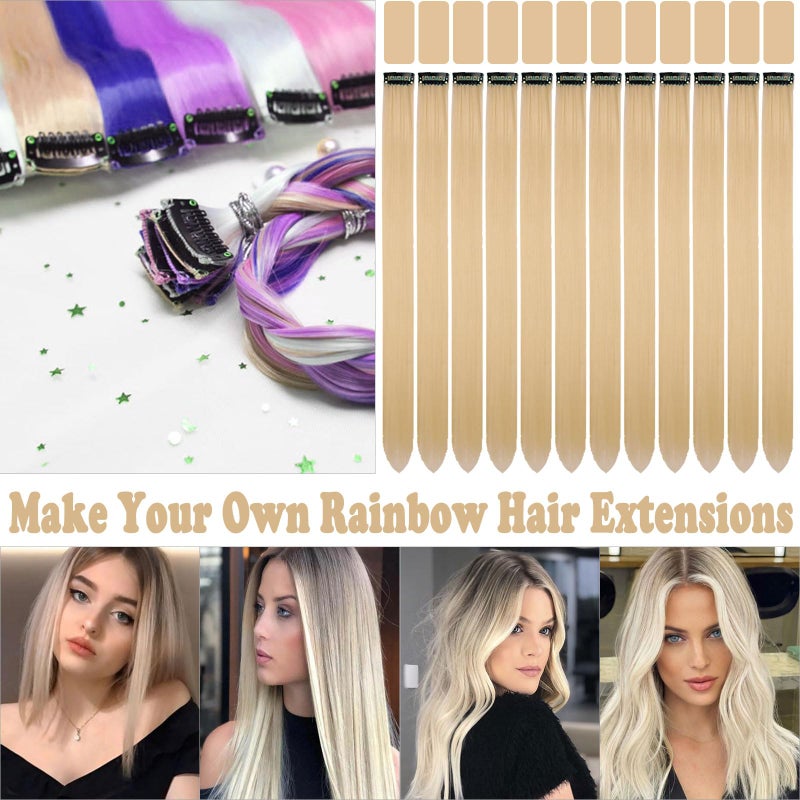 Olldag 12 PCS Blonde Hair Extensions Clip in for Kids, 22 Inch Colored Party Synthetic Neon Highlights Extensions, Rainbow Hair Accessories for Girls Women Hair Pieces - Image 2