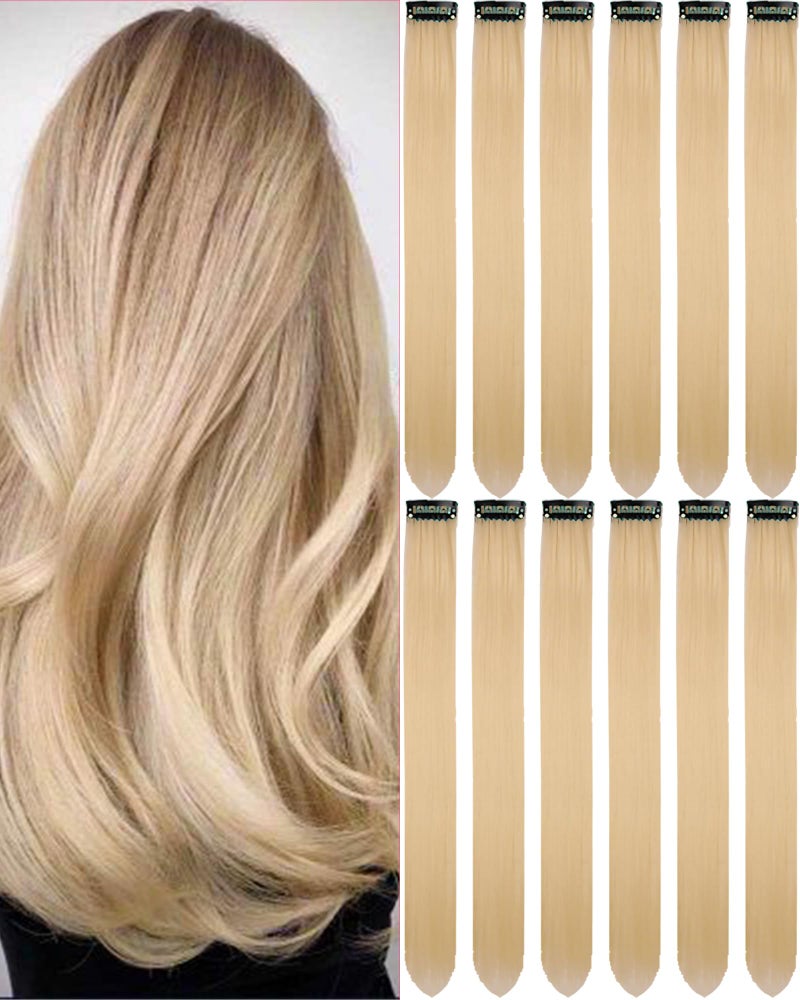 Olldag 12 PCS Blonde Hair Extensions Clip in for Kids, 22 Inch Colored Party Synthetic Neon Highlights Extensions, Rainbow Hair Accessories for Girls Women Hair Pieces - Image 1