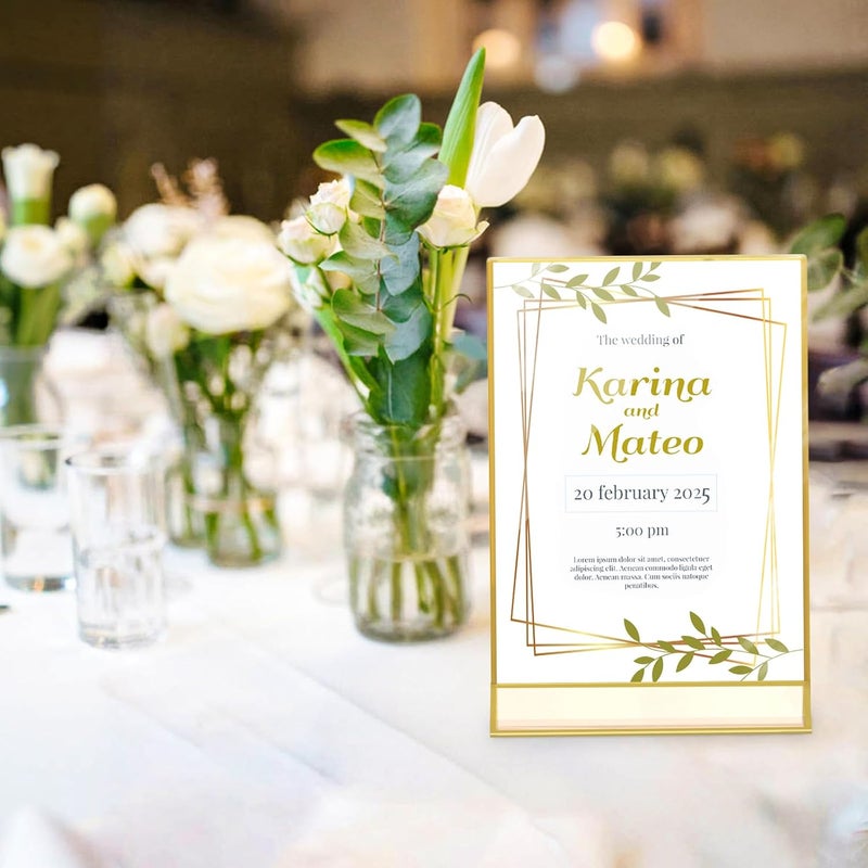 6 Pack Acrylic Gold Sign Holders, 5 x 7 Inch Clear Double-Sided Picture Frames, Tabletop Menu Display Stands for Table Numbers, Photos, Restaurants, Weddings, Offices - Image 2