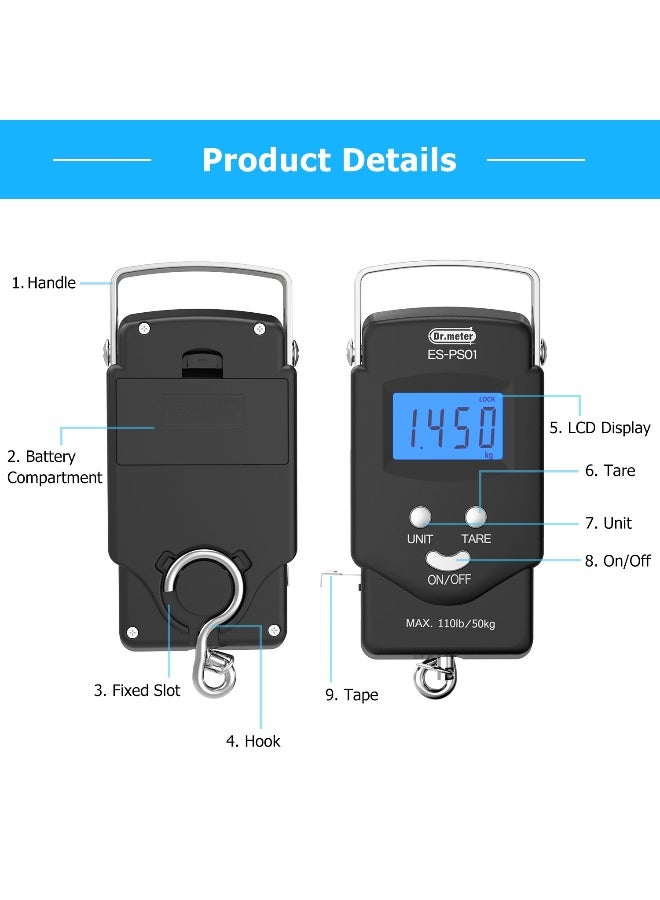 Dr.Meter Fish scale, Dr.meter Backlit LCD Display 110lb/50kg PS01 Fishing Scale with Measuring Tape, Electronic Balance Digital Fishing Postal Hanging Hook Scale with 2 AAA Batteries - Image 5
