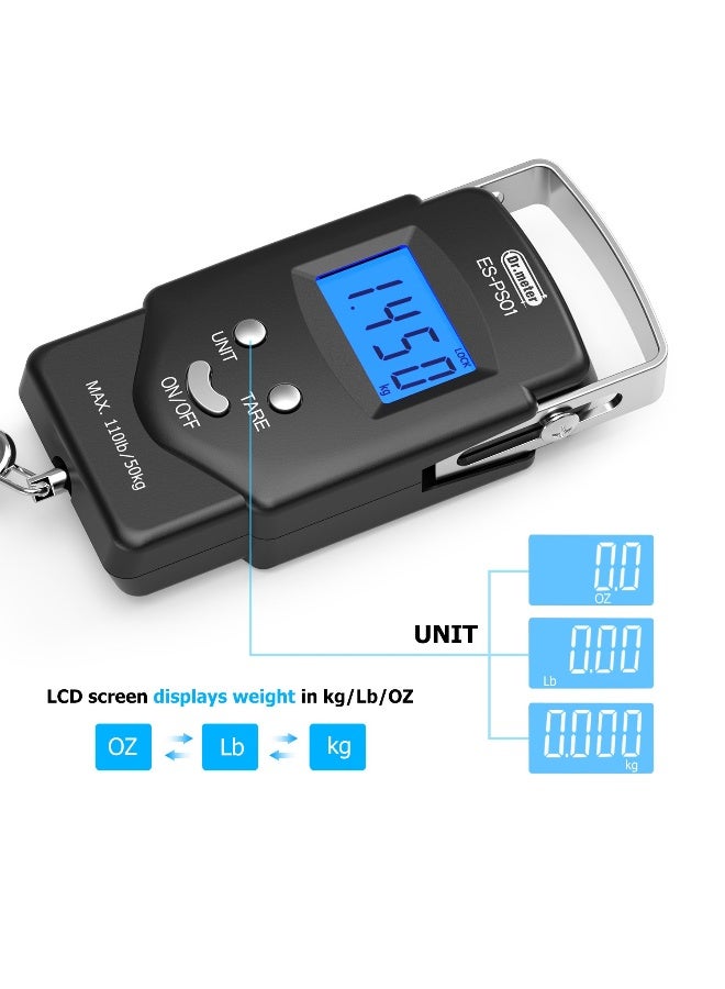 Dr.Meter Fish scale, Dr.meter Backlit LCD Display 110lb/50kg PS01 Fishing Scale with Measuring Tape, Electronic Balance Digital Fishing Postal Hanging Hook Scale with 2 AAA Batteries - Image 1