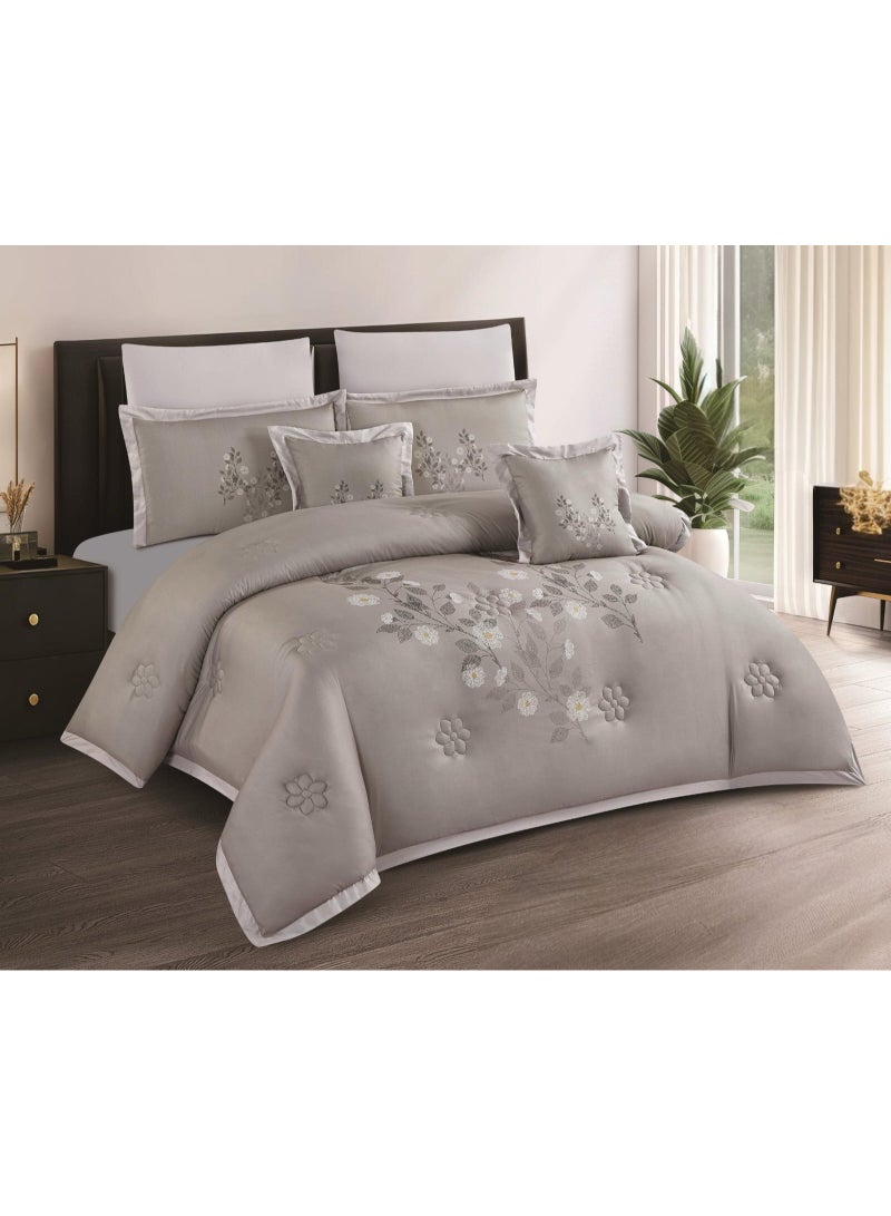 Summer double bed set (one and a half size) with elegant floral embroidery. Soft microfiber, full filling, 5pieces: 1 comforter (170 x 230 cm), 1 fitted sheet (120 x 200 cm), 2 pillowcases (75 x 50 cm), 1 cushion cover (45 x 45 cm).