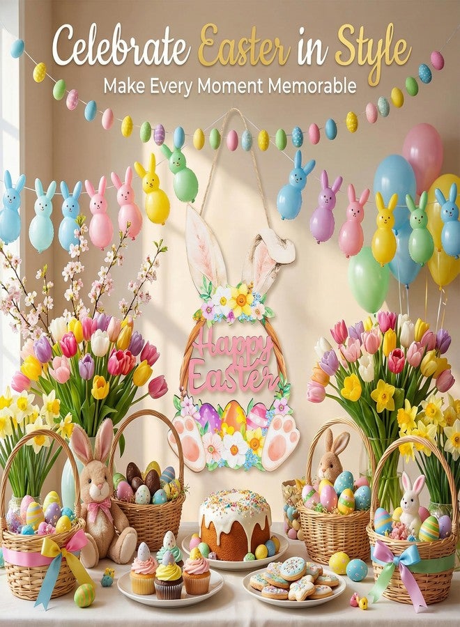 FunnySign Wooden Easter Decoration Door Wreath, Hollow Bunny Sign Flower Egg Welcome Hanging for Front Door Sign Wall Signs Rabbit Spring Decoration (Multicolor) - Image 5