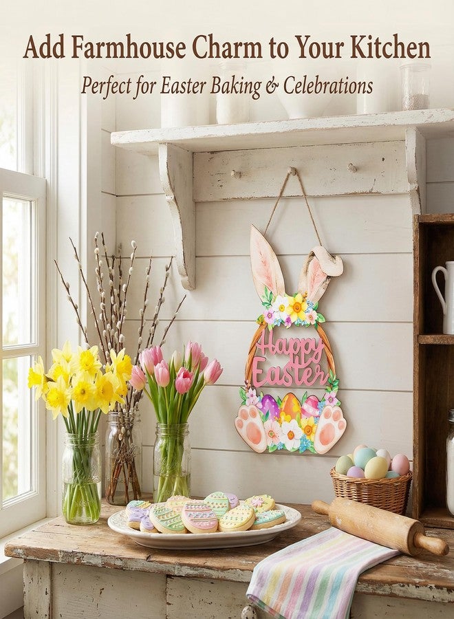 FunnySign Wooden Easter Decoration Door Wreath, Hollow Bunny Sign Flower Egg Welcome Hanging for Front Door Sign Wall Signs Rabbit Spring Decoration (Multicolor) - Image 4