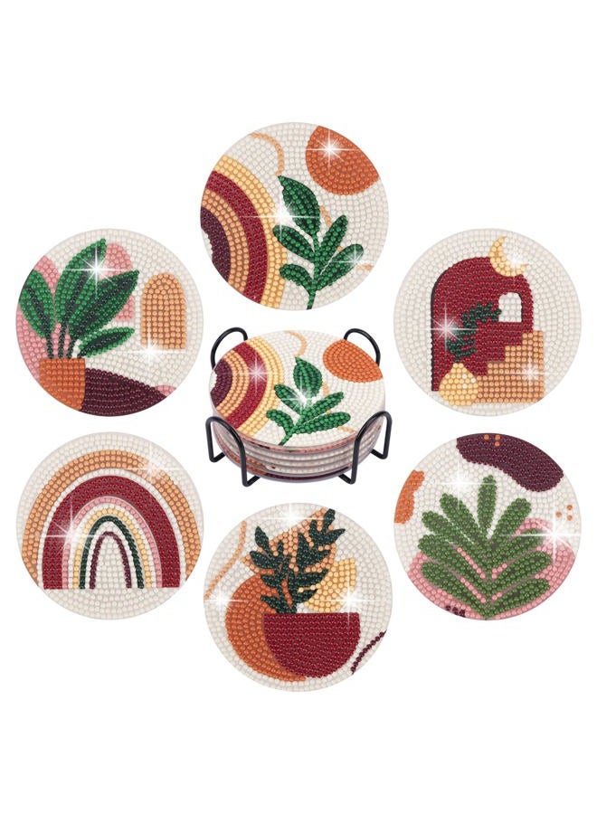 Temlum 6 Pcs Diamond Painting Coasters with Holder, Abstract Plants Coasters Diamond Art Kits for Beginners, Adults Small Diamond Painting Kit Art Craft Supplies - Image 1