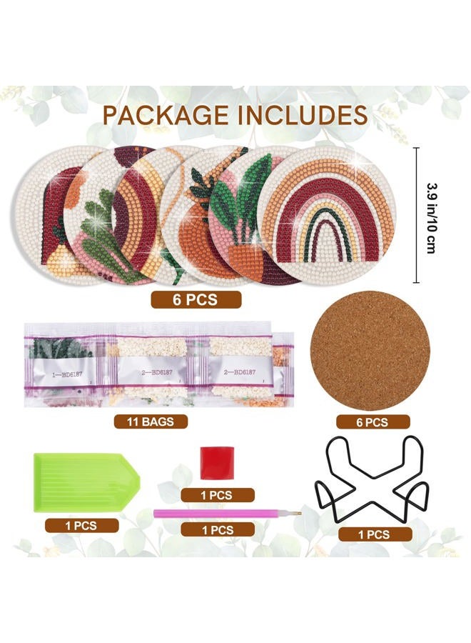 Temlum 6 Pcs Diamond Painting Coasters with Holder, Abstract Plants Coasters Diamond Art Kits for Beginners, Adults Small Diamond Painting Kit Art Craft Supplies - Image 2