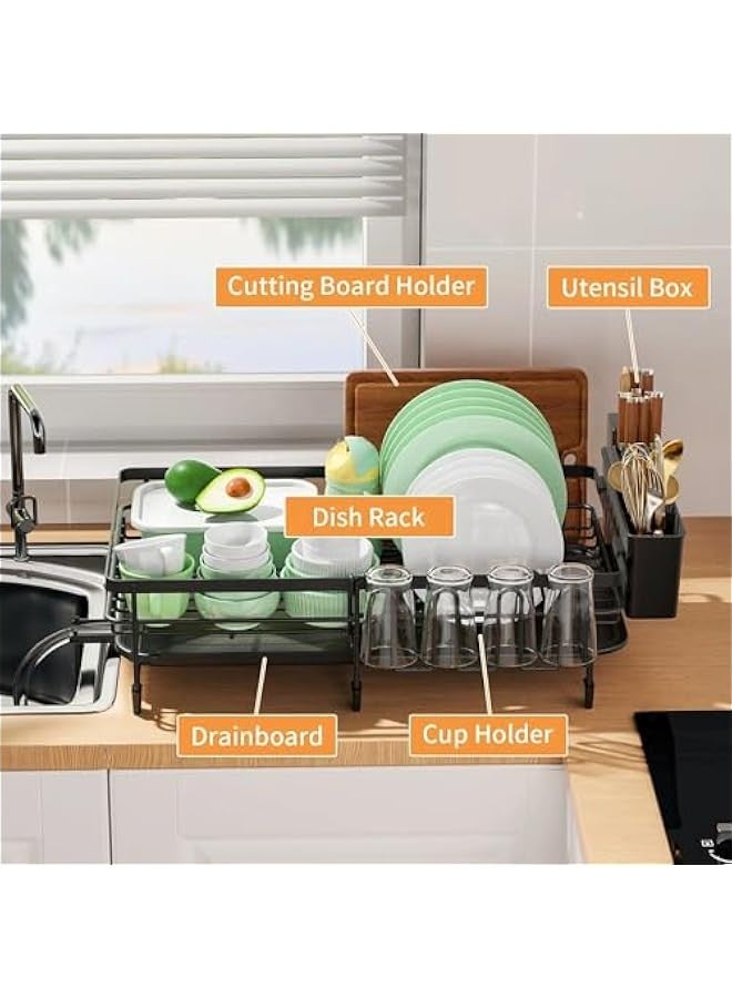 بيوينتي رف تجفيف اطباق قابل للتوسيع لطاولة المطبخ، مصفاة اطباق من الستانلس ستيل مع لوح تصريف، طول قابل للتعديل، يتضمن حامل ادوات - Image 2