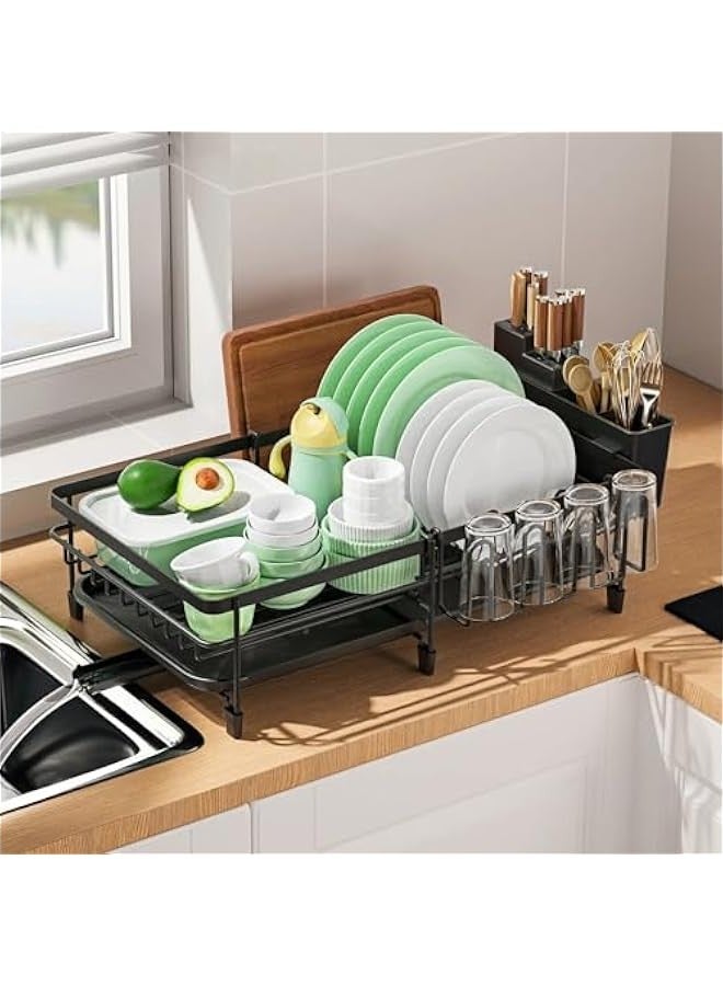 بيوينتي رف تجفيف اطباق قابل للتوسيع لطاولة المطبخ، مصفاة اطباق من الستانلس ستيل مع لوح تصريف، طول قابل للتعديل، يتضمن حامل ادوات - Image 1