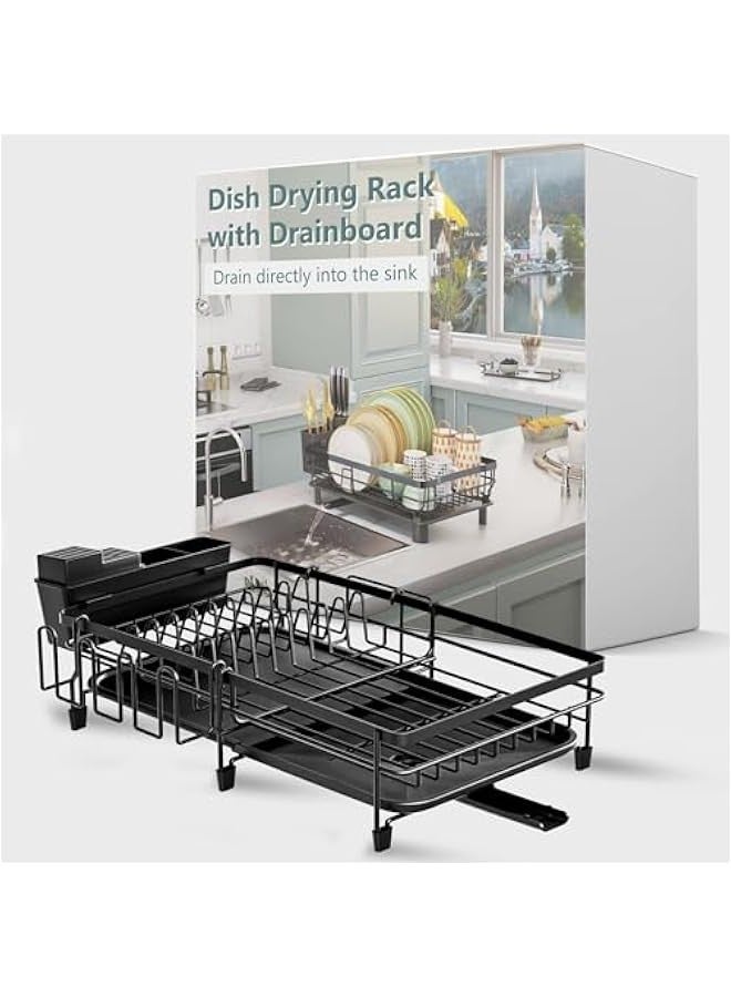 بيوينتي رف تجفيف اطباق قابل للتوسيع لطاولة المطبخ، مصفاة اطباق من الستانلس ستيل مع لوح تصريف، طول قابل للتعديل، يتضمن حامل ادوات - Image 5