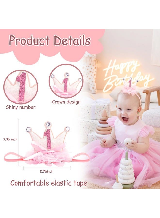 Vovii Princess Crown for Baby Girls, Pink Mini Tiara One Birthday Crown Headband for Girl Decorations Outfit Decor Photo Props Party Supplies - Image 3