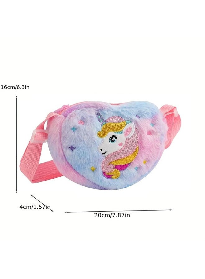 حقيبة كروس بودي من القطيفة الناعمة بتصميم وحيد القرن للفتيات الصغيرات، مصنوعة من الفرو الصناعي بألوان قوس قزح - Image 5