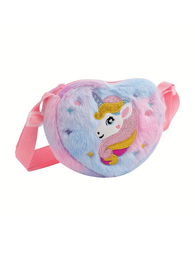 حقيبة كروس بودي من القطيفة الناعمة بتصميم وحيد القرن للفتيات الصغيرات، مصنوعة من الفرو الصناعي بألوان قوس قزح - Image 1