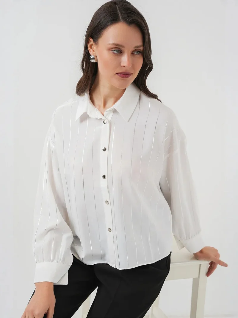 Big Dart White BDART Loose Fit Striped Poplin Shirt with Button Closure for Women | Best Price UAE