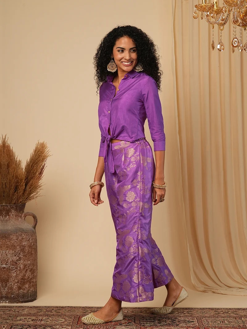 globus Globus Women Shirt Collar Woven Design Shirt With Trousers Festive Set