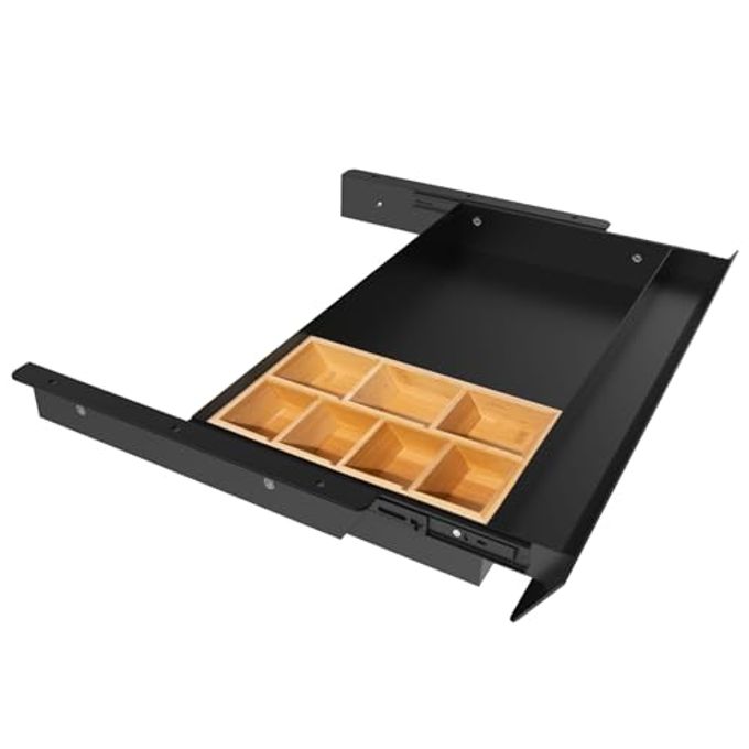Gaxomo Large Under Desk Mounted Sliding Drawer with Bamboo Tray and 60 Degree Tilt Panel to Pull Out, 22'' Long & 13'' deep Large Storage Organizer for Sit Stand Workstation