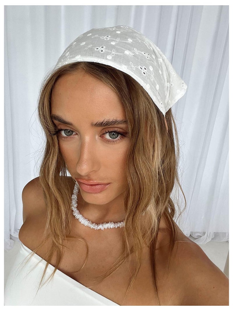 OYOANGLE Women's Hair Scarf Boho Eyelet Crochet Bandana Headbands Head Scarfs Hair Accessories White One-Size - Image 2
