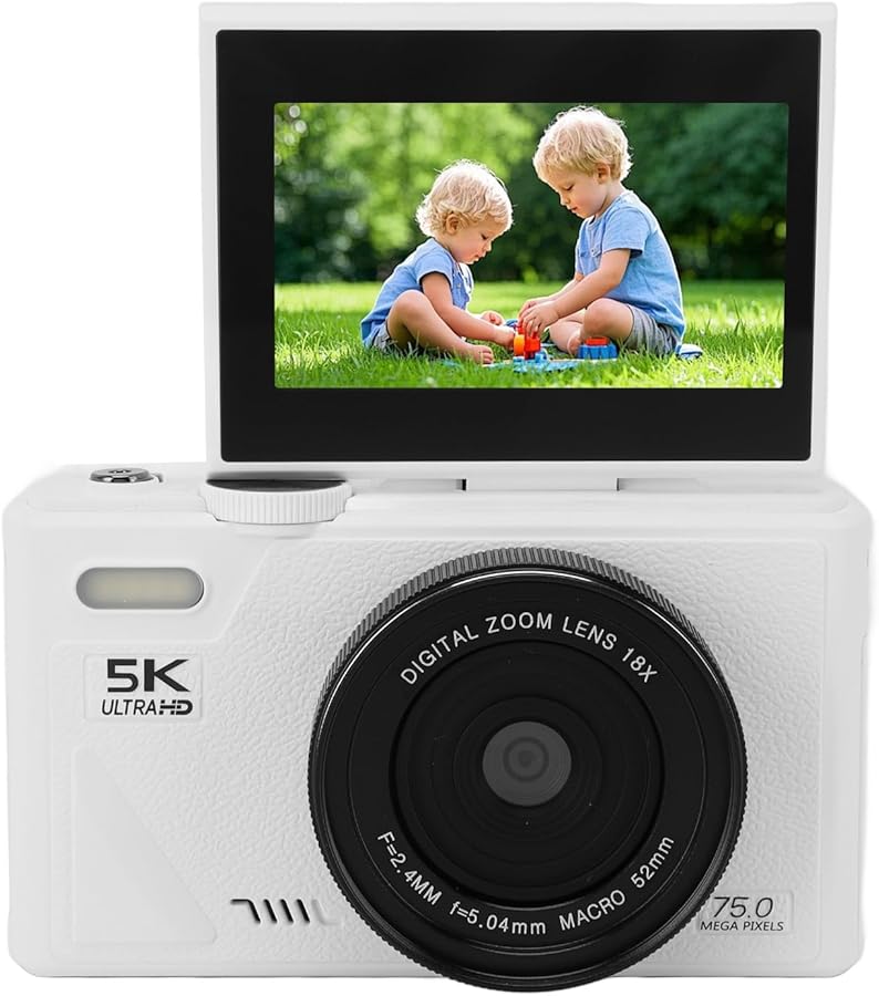 White 5K Digital Camera 75MP HD 18X Zoom Autofocus Flip Screen Vlogging Camera for Beginners - Image 2