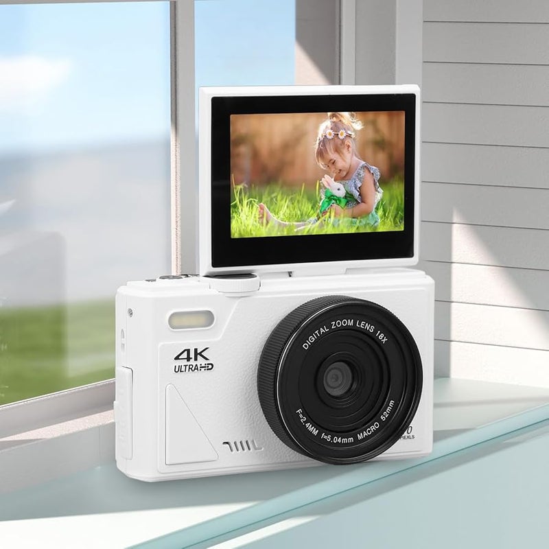 White 5K Digital Camera 75MP HD 18X Zoom Autofocus Flip Screen Vlogging Camera for Beginners - Image 3