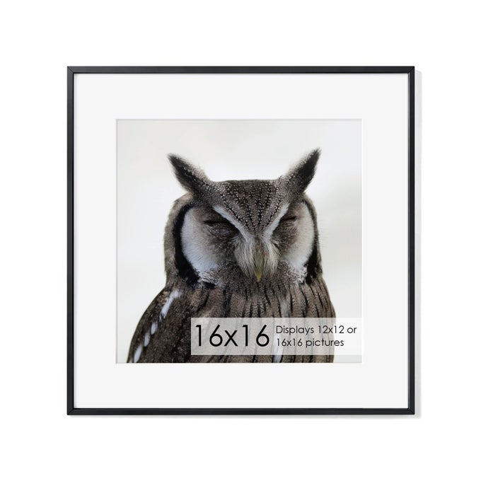 16X16 METAL PICTURE FRAME WITH 12X12 MAT BRUSHED ALUMINUM FINISH TEMPERED GLASS FRONT AND ATTACHED HANGING HARDWARE VERSATILE WALL DISPLAY FRAMES FOR VERTICAL OR HORIZONTAL ORIENTATIONBLACK