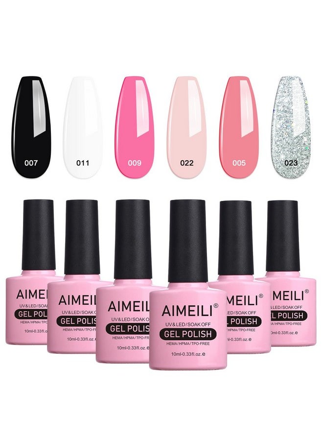 AIMEILI AIMEILI Valentine's Day Gel Nail Polish Set, French Tips White Gel Nail Polish Kit Clear Nude Pink Glitter Black Gel Polish Set Of 6pcs X 10ml - Kit Set 1  - Image 1