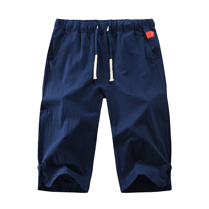 Summer Cotton-Linen Mens Casual Capris with Drawstring Army Green  - Image 1