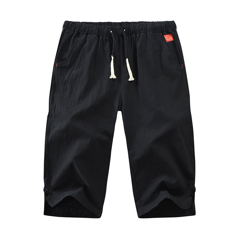 Summer Cotton-Linen Mens Casual Capris with Drawstring Army Green  - Image 2