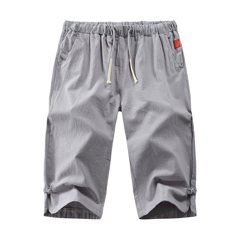 Summer Cotton-Linen Mens Casual Capris with Drawstring Army Green  - Image 3