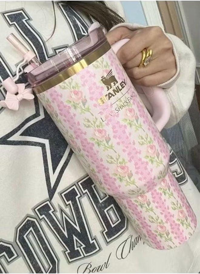 Stanley - Love Shack Fancy H2.0 Flow State 40oz Cortex Tumbler, Stainless Steel Vacuum Insulated Quencher with Lid, Straw, and Stopper, Ideal for Water and Iced Tea, Keeps Drinks Cold, Presented in Elegant Gift-Ready Packaging PINK - Image 1