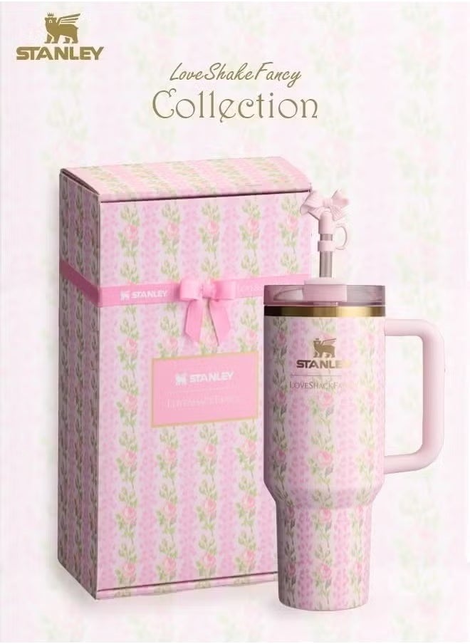 Stanley - Love Shack Fancy H2.0 Flow State 40oz Cortex Tumbler, Stainless Steel Vacuum Insulated Quencher with Lid, Straw, and Stopper, Ideal for Water and Iced Tea, Keeps Drinks Cold, Presented in Elegant Gift-Ready Packaging PINK - Image 1