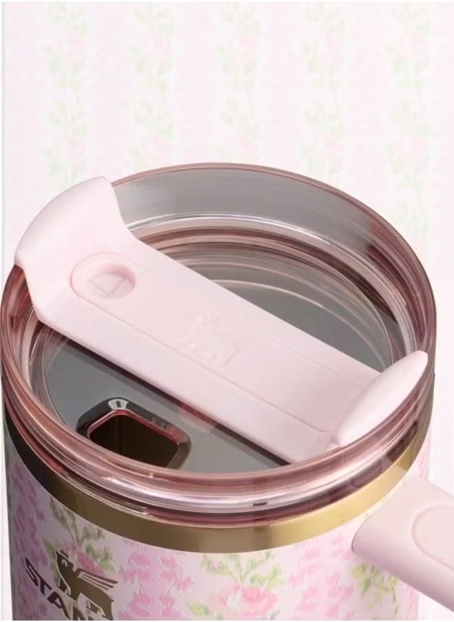 Stanley - Love Shack Fancy H2.0 Flow State 40oz Cortex Tumbler, Stainless Steel Vacuum Insulated Quencher with Lid, Straw, and Stopper, Ideal for Water and Iced Tea, Keeps Drinks Cold, Presented in Elegant Gift-Ready Packaging PINK - Image 1