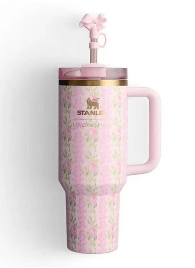 Stanley - Love Shack Fancy H2.0 Flow State 40oz Cortex Tumbler, Stainless Steel Vacuum Insulated Quencher with Lid, Straw, and Stopper, Ideal for Water and Iced Tea, Keeps Drinks Cold, Presented in Elegant Gift-Ready Packaging PINK - Image 1