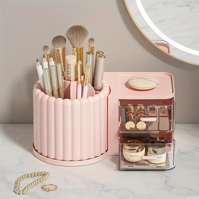 House of Quirk Rotating Makeup Organizer For Dresser Large Capacity With Drawer Cosmetics Display Case Lazy Susan Cosmetic Desk Storage (Pink) - Image 2