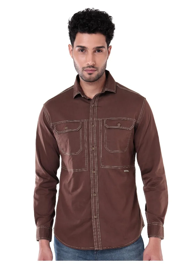 بيونغ Brown Contrast Stitch Urban Shirt for Men
