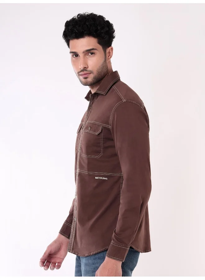 بيونغ Brown Contrast Stitch Urban Shirt for Men