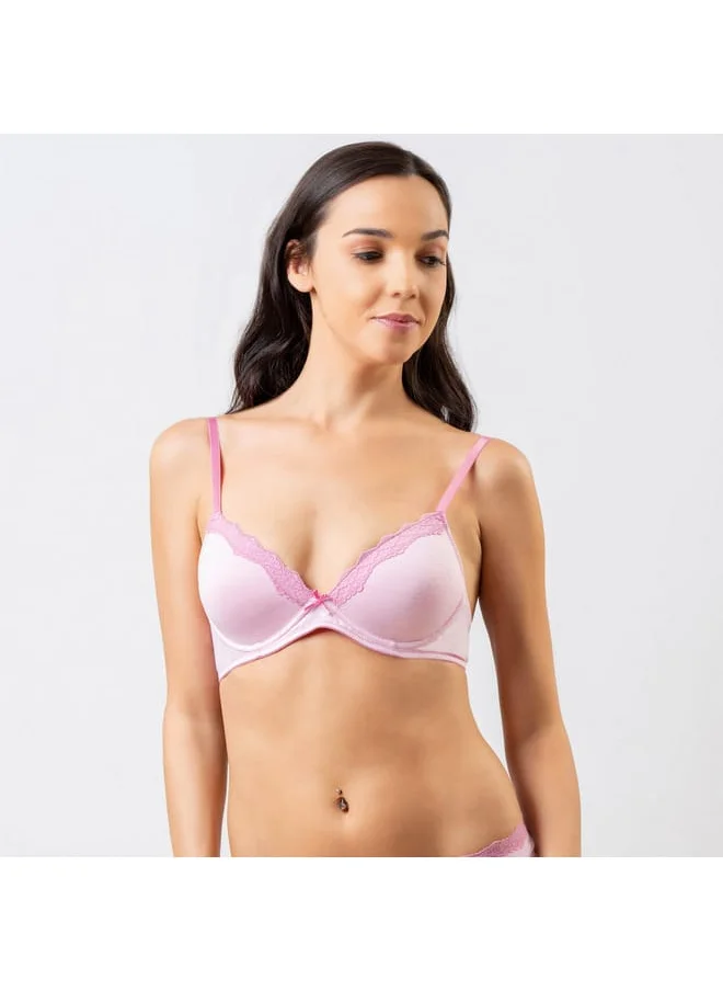 Aadaraya Aadaraya Solid Demi Cup Plunge Bra with Hook and Eye Closure